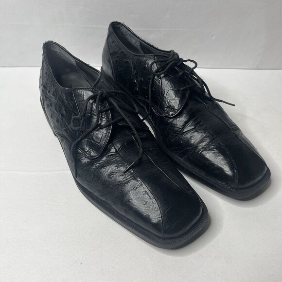 Stacy Adams Ostrich Print Black Leather Square Toe Dress Shoes Mens Size 12 M - Picture 1 of 12
